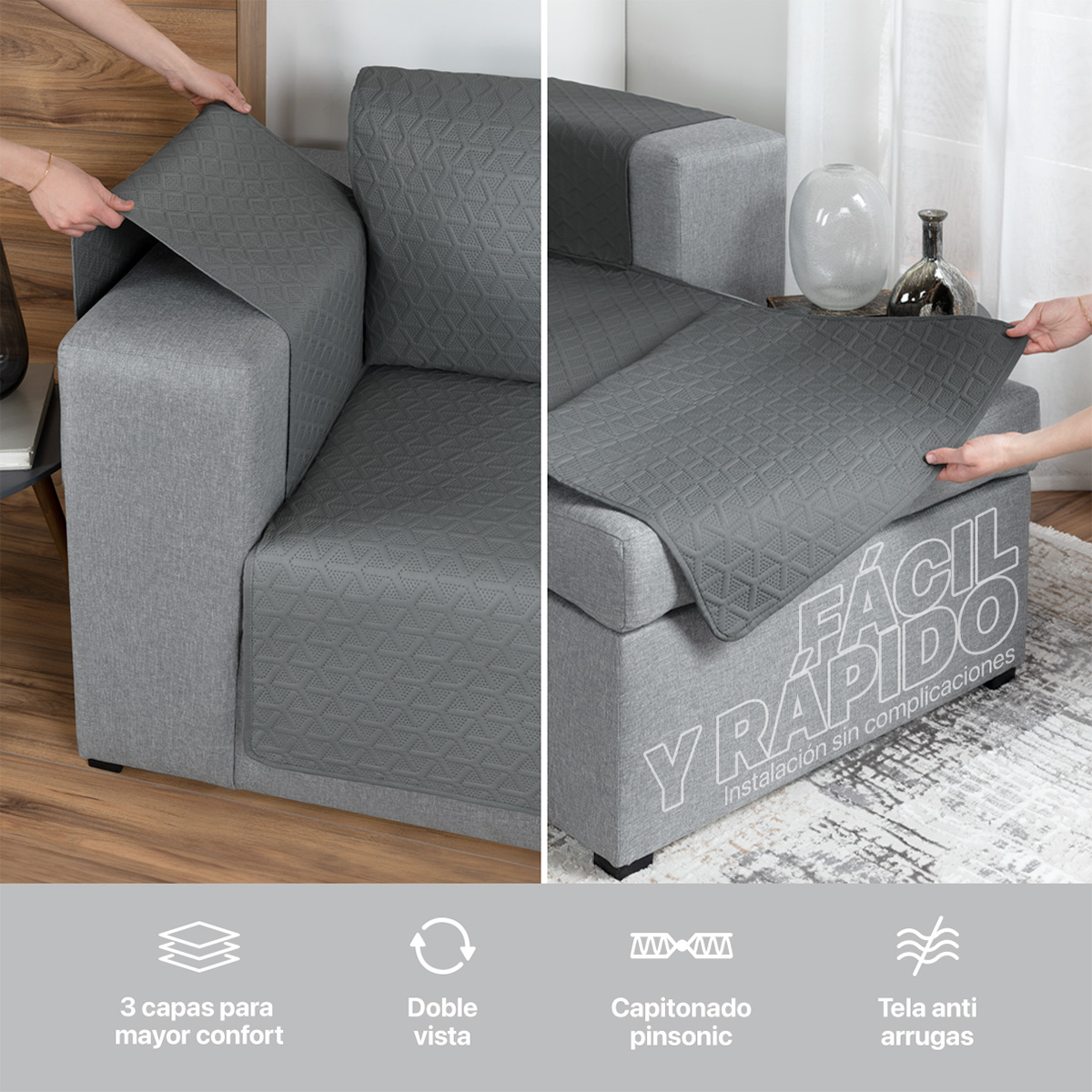 Protector Cubre Sala Funda Sofá En Forma De L Gris oscuro REAL TEXTIL.