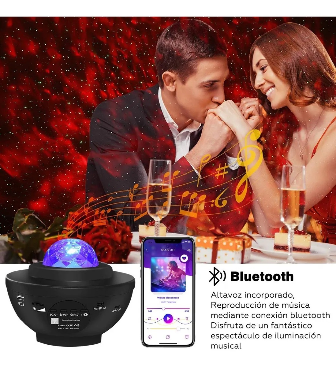Lámpara con Proyector de Estrellas LED y Altavoz de Música (Negro)