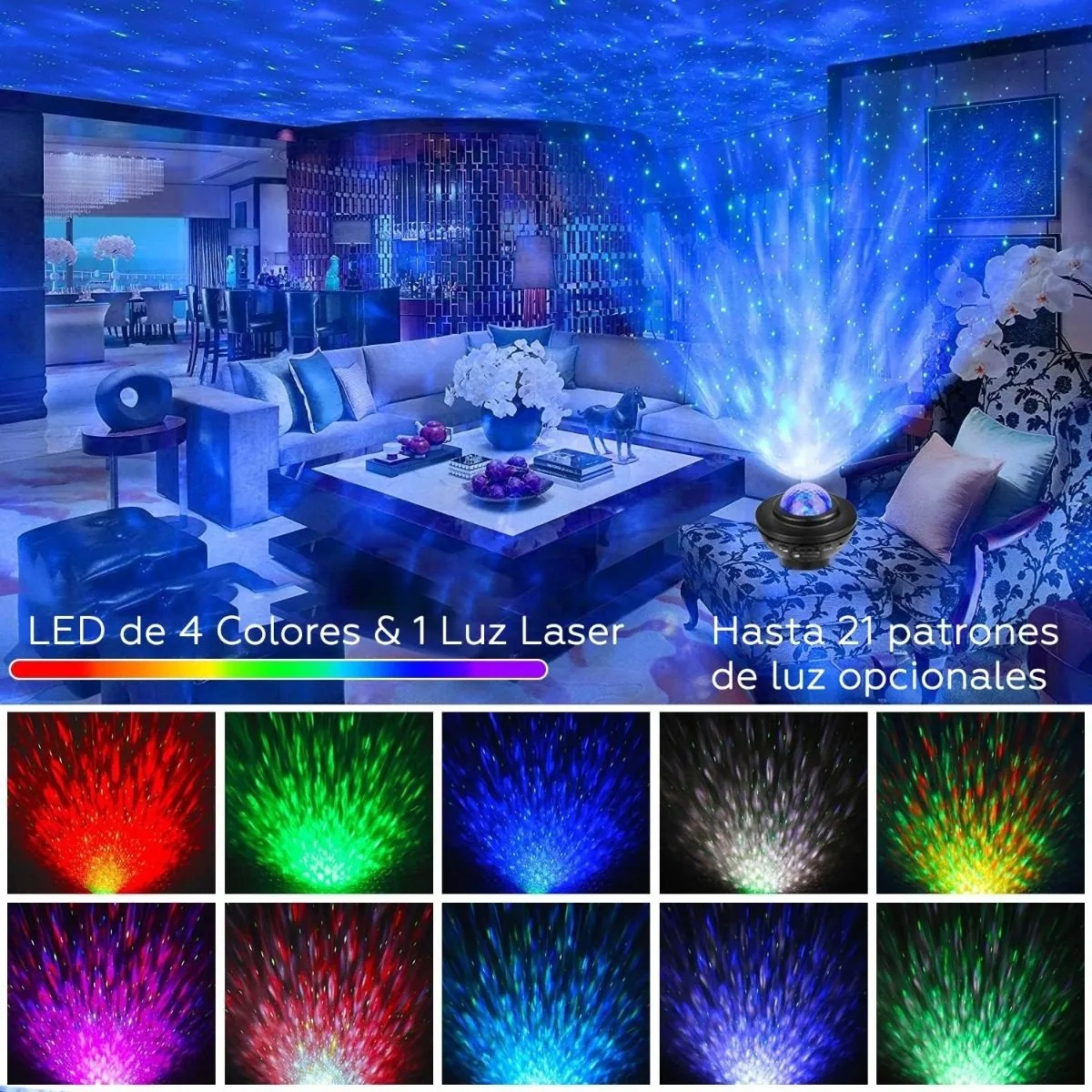 Lámpara con Proyector de Estrellas LED y Altavoz de Música (Negro)