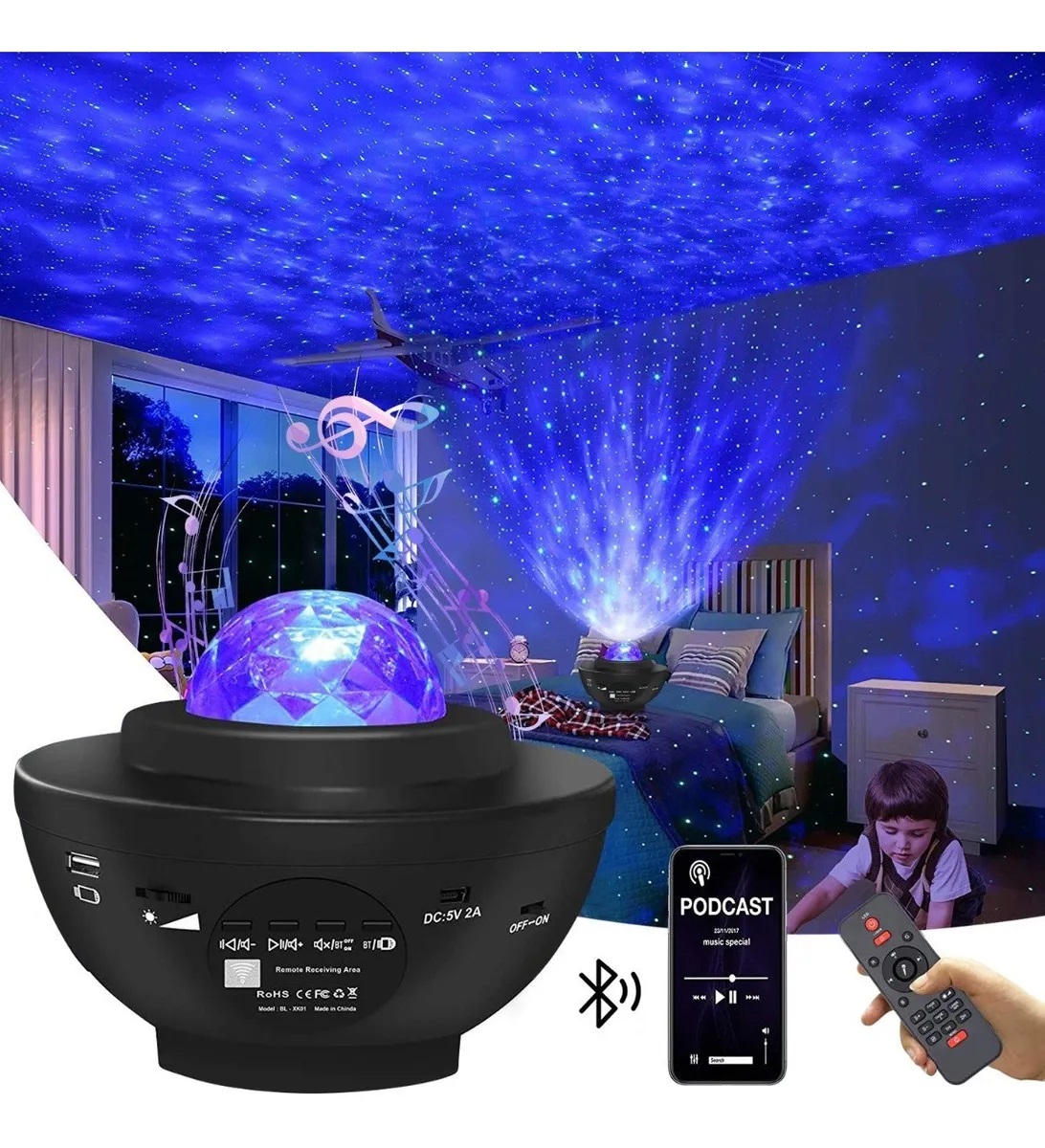 Lámpara con Proyector de Estrellas LED y Altavoz de Música (Negro)