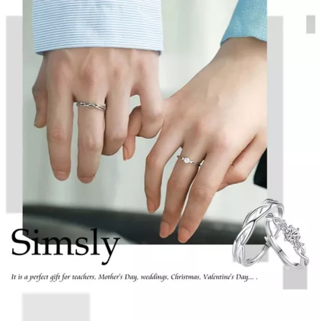 2 Anillos Promesa Plata Fina 925 Moderno Parejas Compromiso