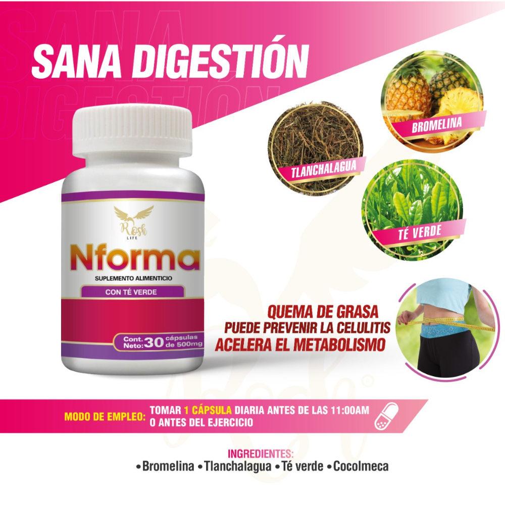 Frasco de 30 cápsulas suplemento alimenticio Nforma Dia, Quema grasa, Previene la celulitis, Acelera el metabolismo