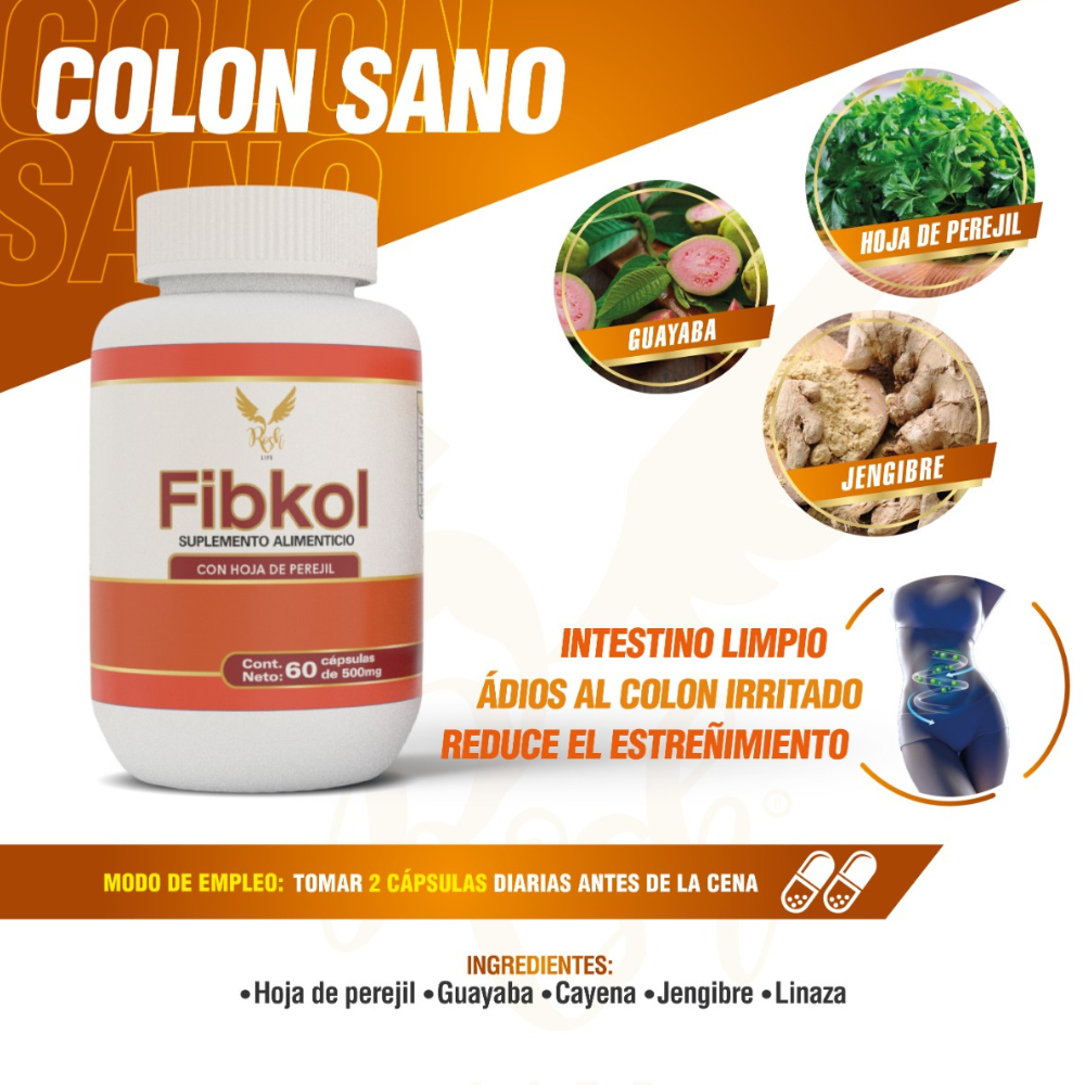 Suplemento Alimenticio Fibkol es un de Frasco de 60 cápsulas, Ayuda a reducir el estreñimiento, a regular el tránsito intestinal y disminuir el colon irritado