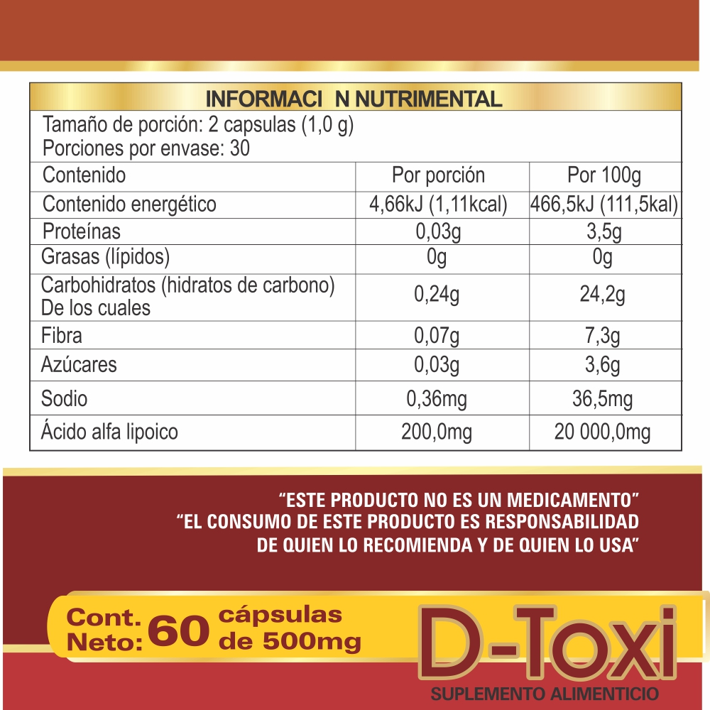 D-Toxi Desintoxicante del hígado, Limpieza hepática, Optimiza el metabolismo, Depura los riñones Frasco de 60 Cápsulas