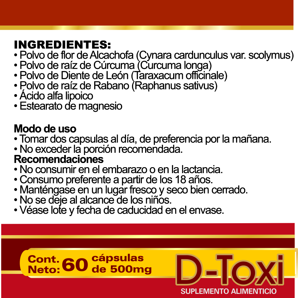 D-Toxi Desintoxicante del hígado, Limpieza hepática, Optimiza el metabolismo, Depura los riñones Frasco de 60 Cápsulas