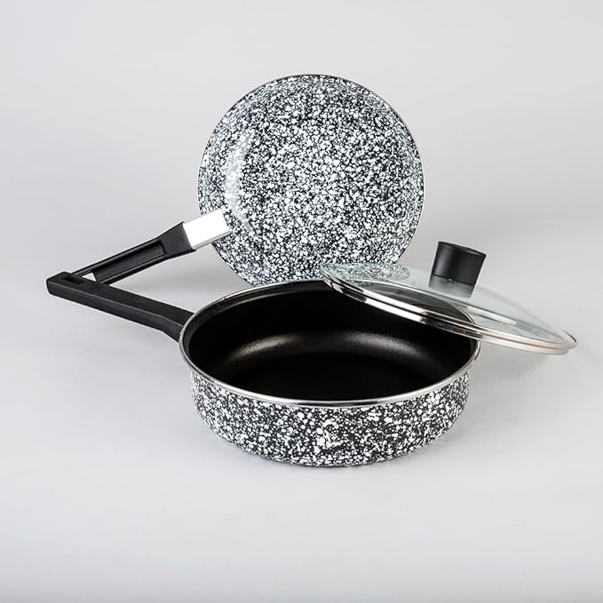 A Cinsa Batería de cocina Granito Blanco con Negro 10 piezas, Peltre pesado con antiadherente, Tapas de vidrio templado. (Blanco con negro)