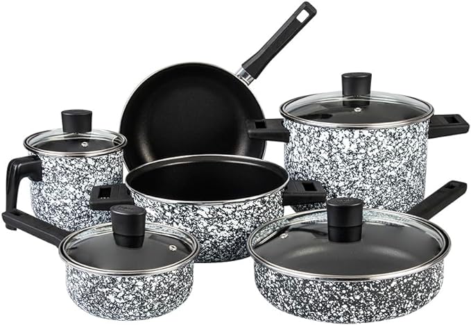 A Cinsa Batería de cocina Granito Blanco con Negro 10 piezas, Peltre pesado con antiadherente, Tapas de vidrio templado. (Blanco con negro)