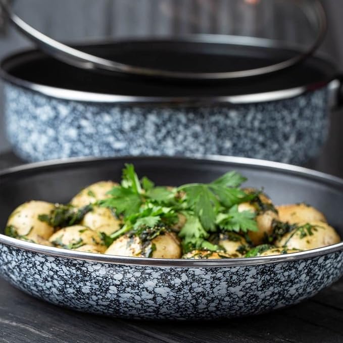 A Cinsa Batería de cocina Granito Blanco con Negro 10 piezas, Peltre pesado con antiadherente, Tapas de vidrio templado. (Blanco con negro)