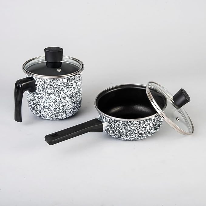 A Cinsa Batería de cocina Granito Blanco con Negro 10 piezas, Peltre pesado con antiadherente, Tapas de vidrio templado. (Blanco con negro)