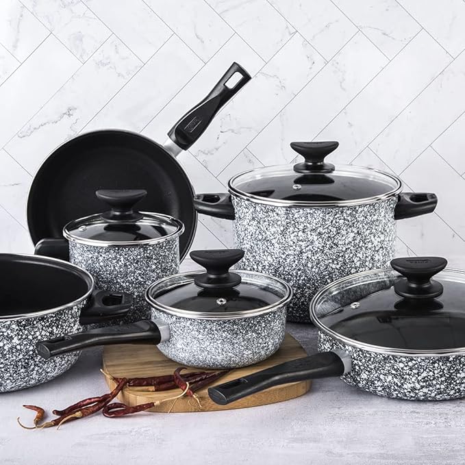 A Cinsa Batería de cocina Granito Blanco con Negro 10 piezas, Peltre pesado con antiadherente, Tapas de vidrio templado. (Blanco con negro)