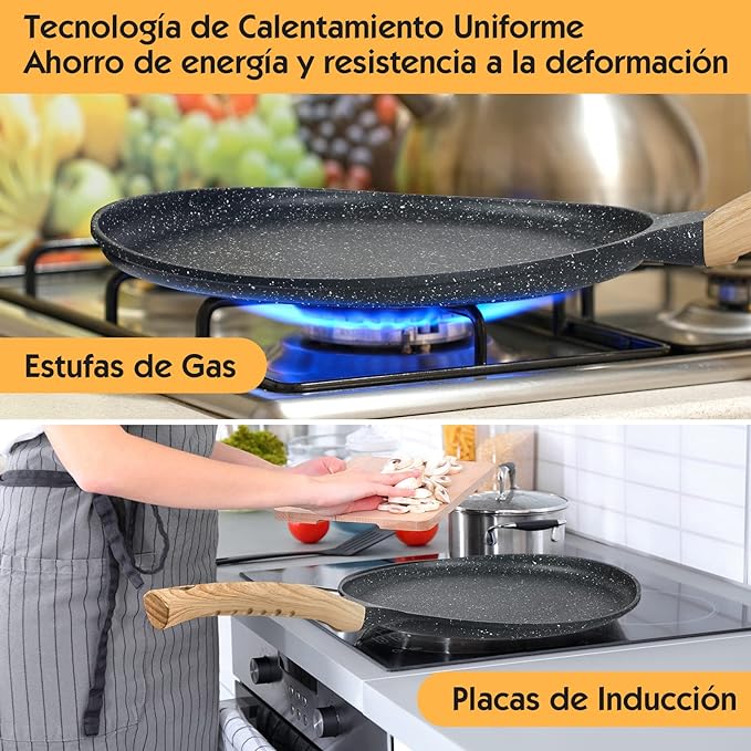 A HEEDU Crepera con Revestimiento Antiadherente 28cm para gas, eléctrica y de inducción, con Espátulas de Metal y Esparcidor de masa en forma de T