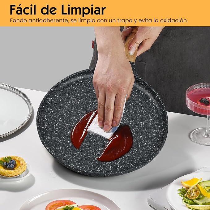 A HEEDU Crepera con Revestimiento Antiadherente 28cm para gas, eléctrica y de inducción, con Espátulas de Metal y Esparcidor de masa en forma de T