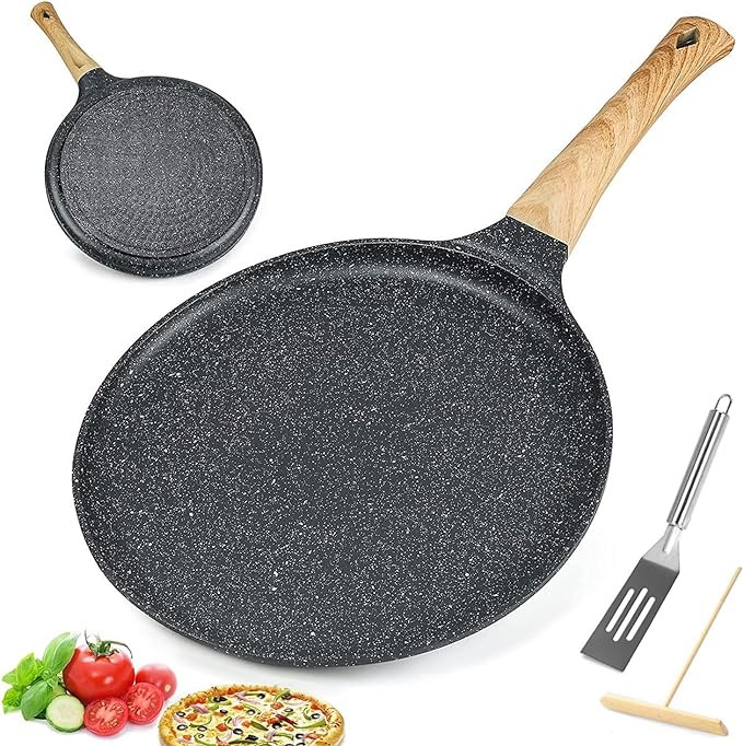 A HEEDU Crepera con Revestimiento Antiadherente 28cm para gas, eléctrica y de inducción, con Espátulas de Metal y Esparcidor de masa en forma de T