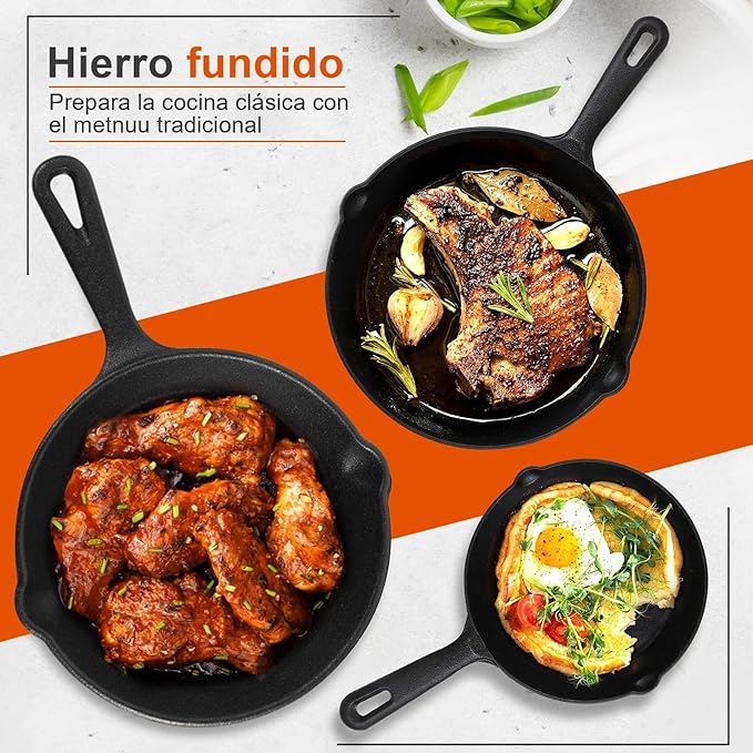 A Sarten Hierro Fundido 3 Piezas, Salandens Sartenes Antiadherentes, Cast Iron Skillet Con Mango Largo(6", 8" y 10")