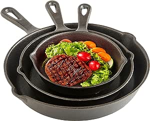 A Sarten Hierro Fundido 3 Piezas, Salandens Sartenes Antiadherentes, Cast Iron Skillet Con Mango Largo(6", 8" y 10")