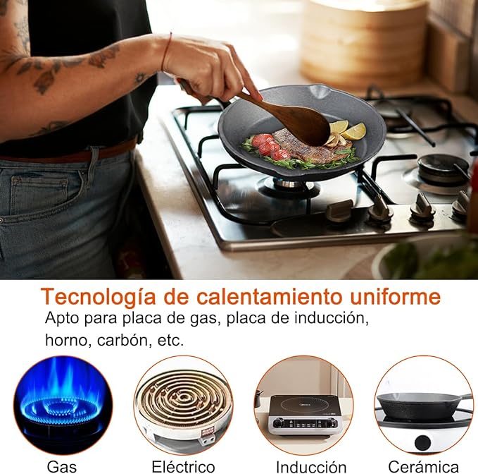 A Sarten Hierro Fundido 3 Piezas, Salandens Sartenes Antiadherentes, Cast Iron Skillet Con Mango Largo(6", 8" y 10")