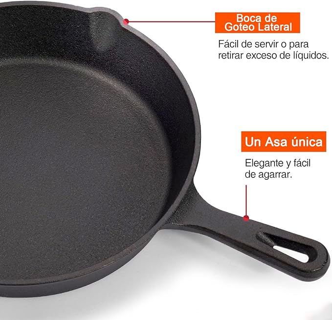 A Sarten Hierro Fundido 3 Piezas, Salandens Sartenes Antiadherentes, Cast Iron Skillet Con Mango Largo(6", 8" y 10")