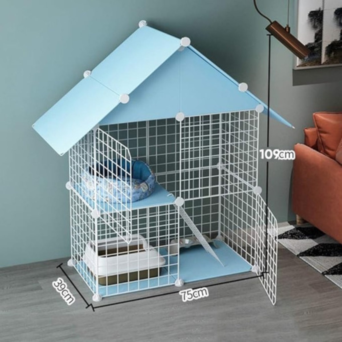 "Jaula Para Gatos De Interior Desmontable De Alambre De Metal Azul Claro "