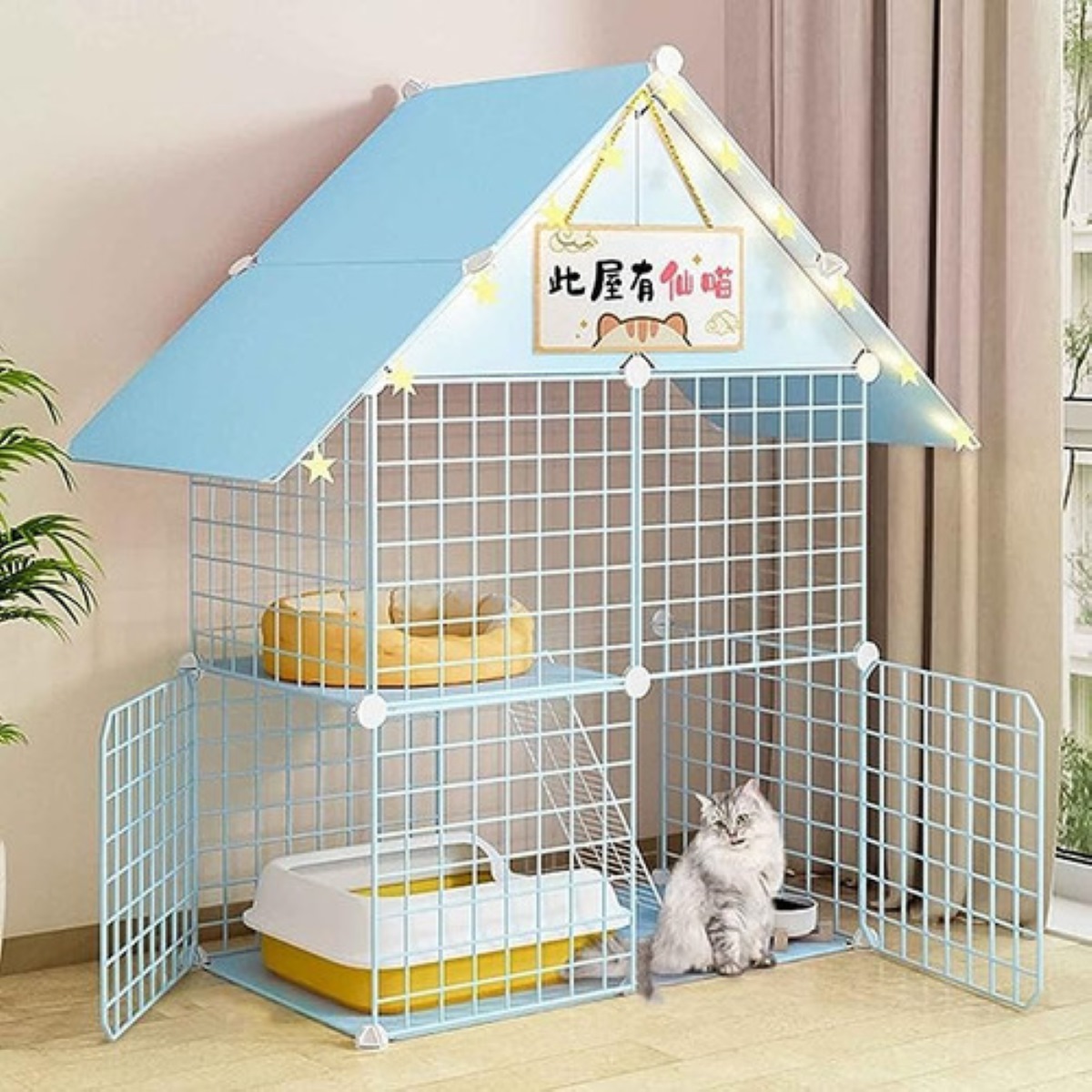 "Jaula Para Gatos De Interior Desmontable De Alambre De Metal Azul Claro "