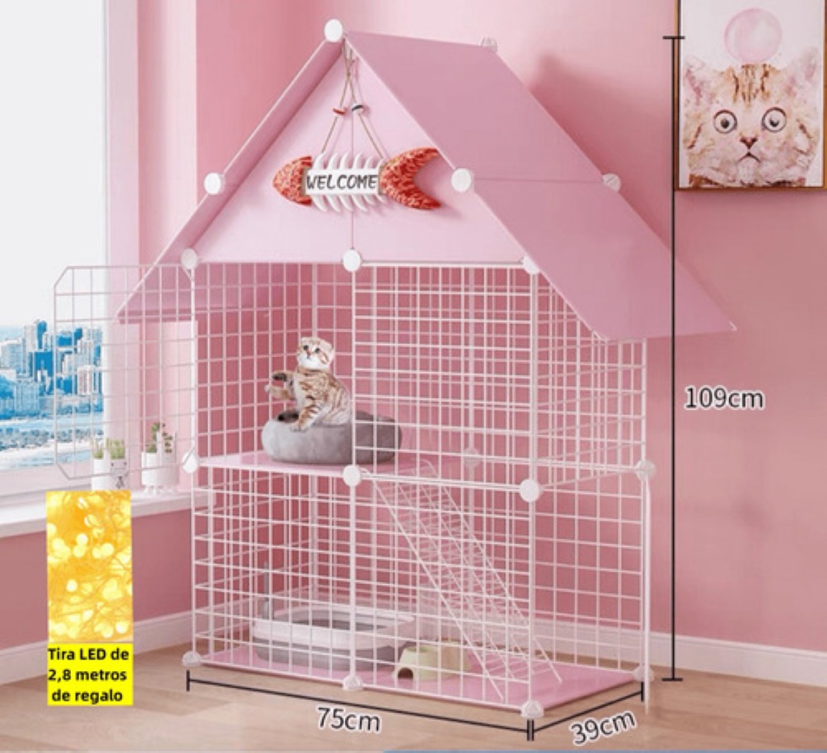 "Jaula Para Gatos De Interior Desmontable De Alambre De Metal Rosa Claro "