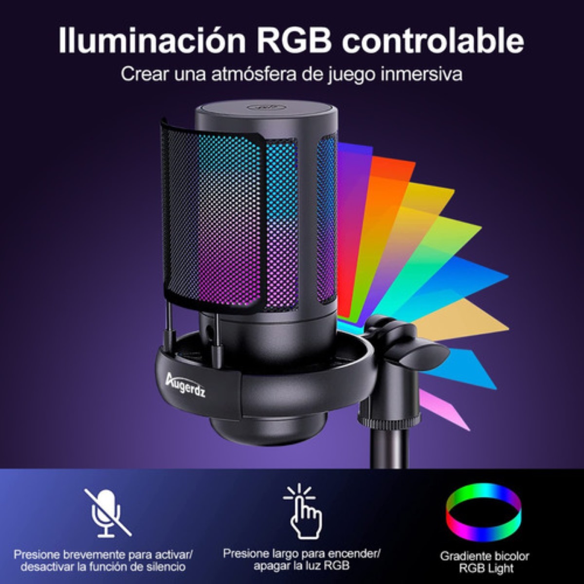 "Micrófonos Usb Rgb Condensador Cardioide Para Pc / Tel Gamer negro "