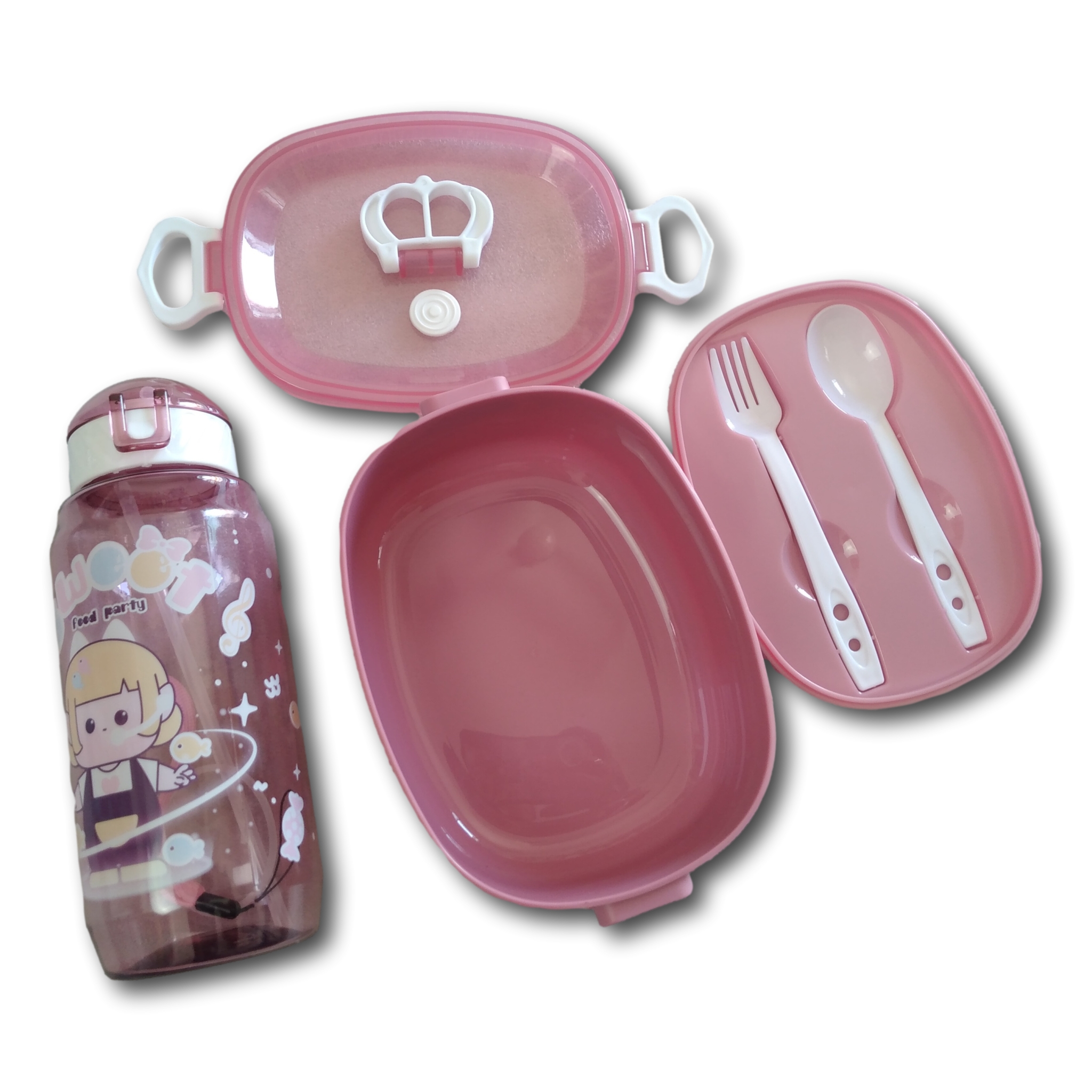 Topper Y Botella Color Rosa Lonche Escolar De Niñas Con Cubiertos