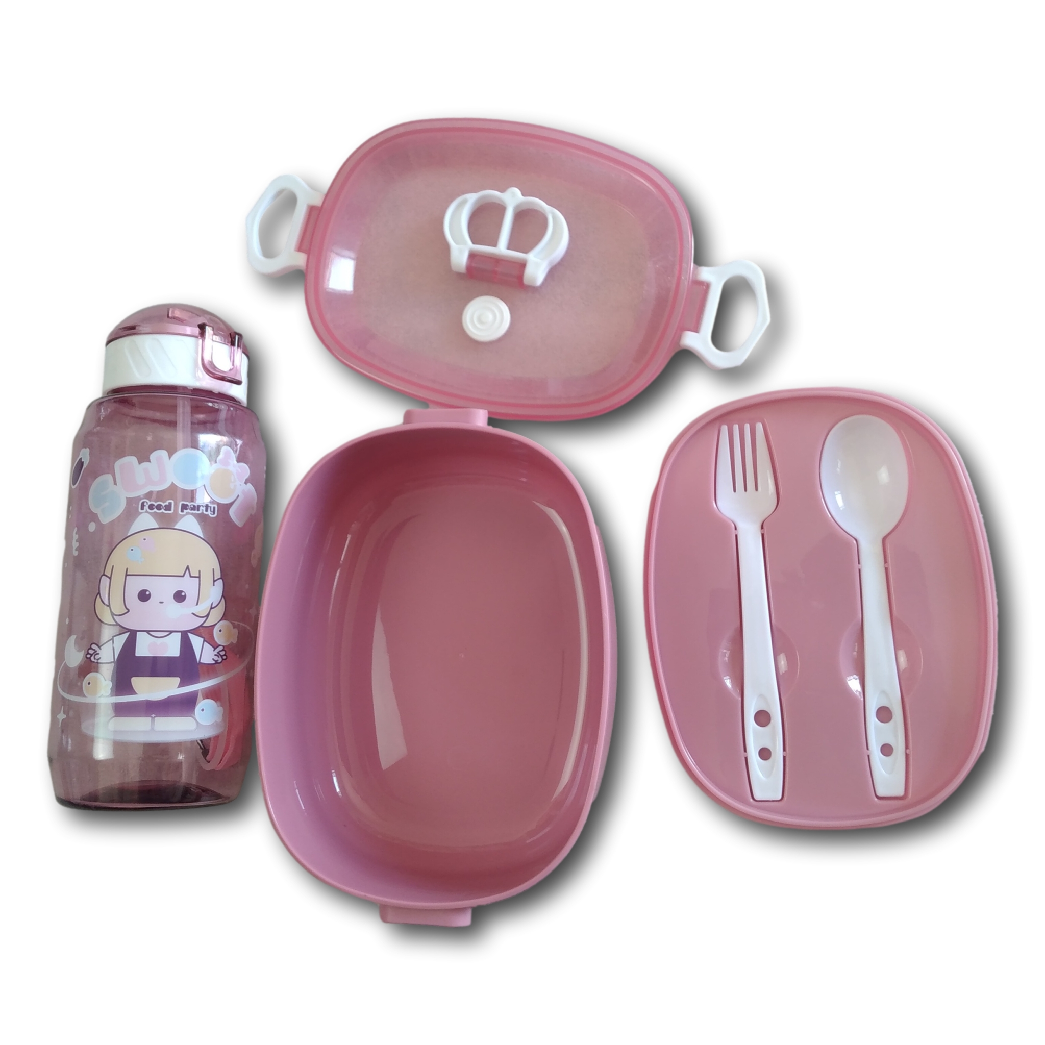 Topper Y Botella Color Rosa Lonche Escolar De Niñas Con Cubiertos