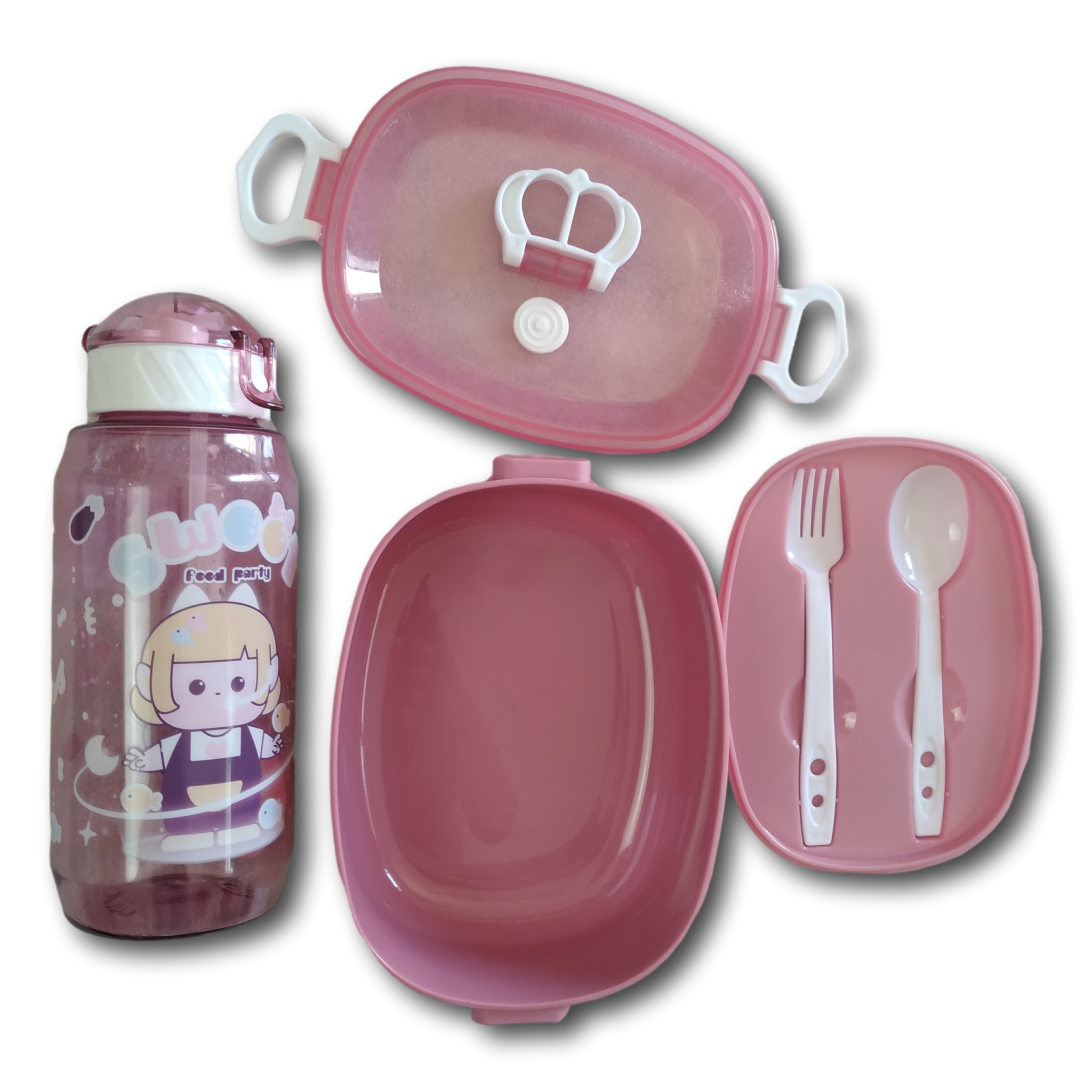 Topper Y Botella Color Rosa Lonche Escolar De Niñas Con Cubiertos