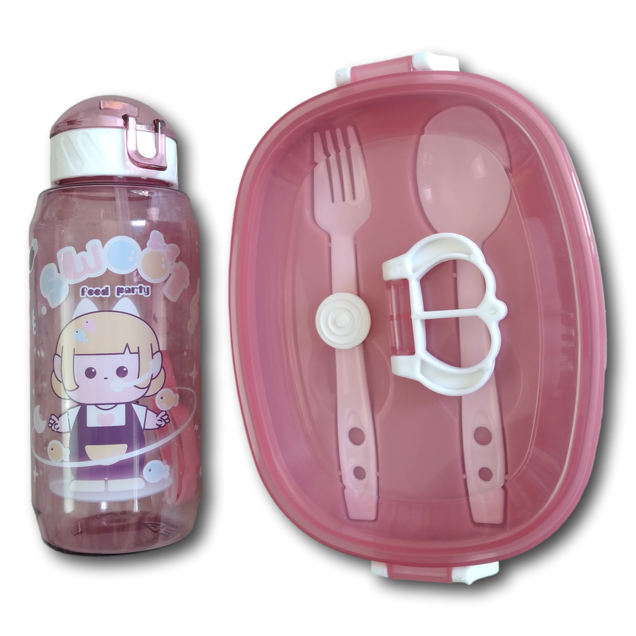 Topper Y Botella Color Rosa Lonche Escolar De Niñas Con Cubiertos