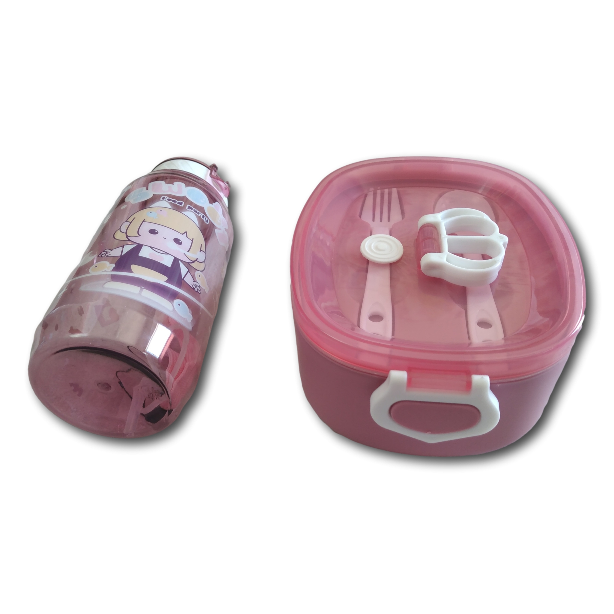 Topper Y Botella Color Rosa Lonche Escolar De Niñas Con Cubiertos