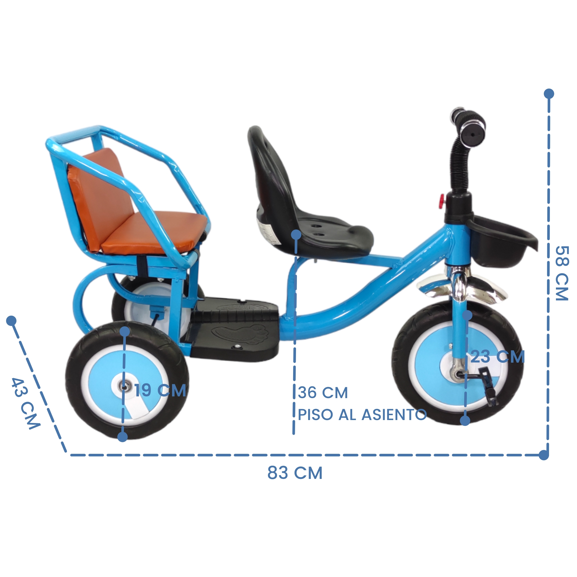 Triciclo para Niños Infantil Con Dos Asientos y Canasto  - Azul.