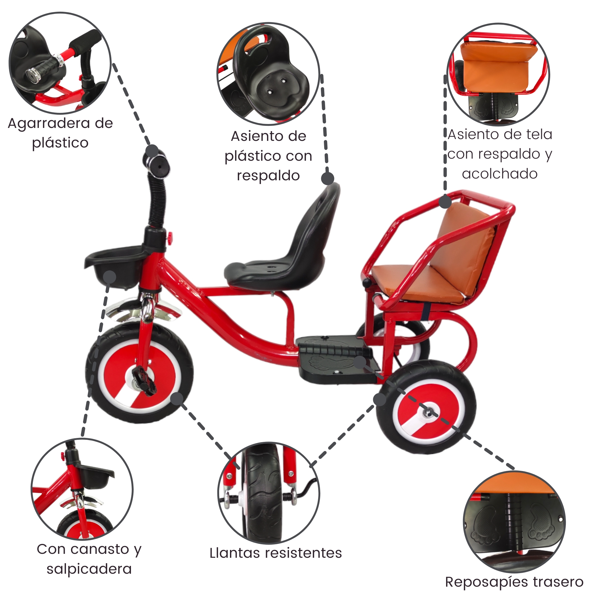 Triciclo para Niños Infantil Con Dos Asientos y Canasto  - Rojo.