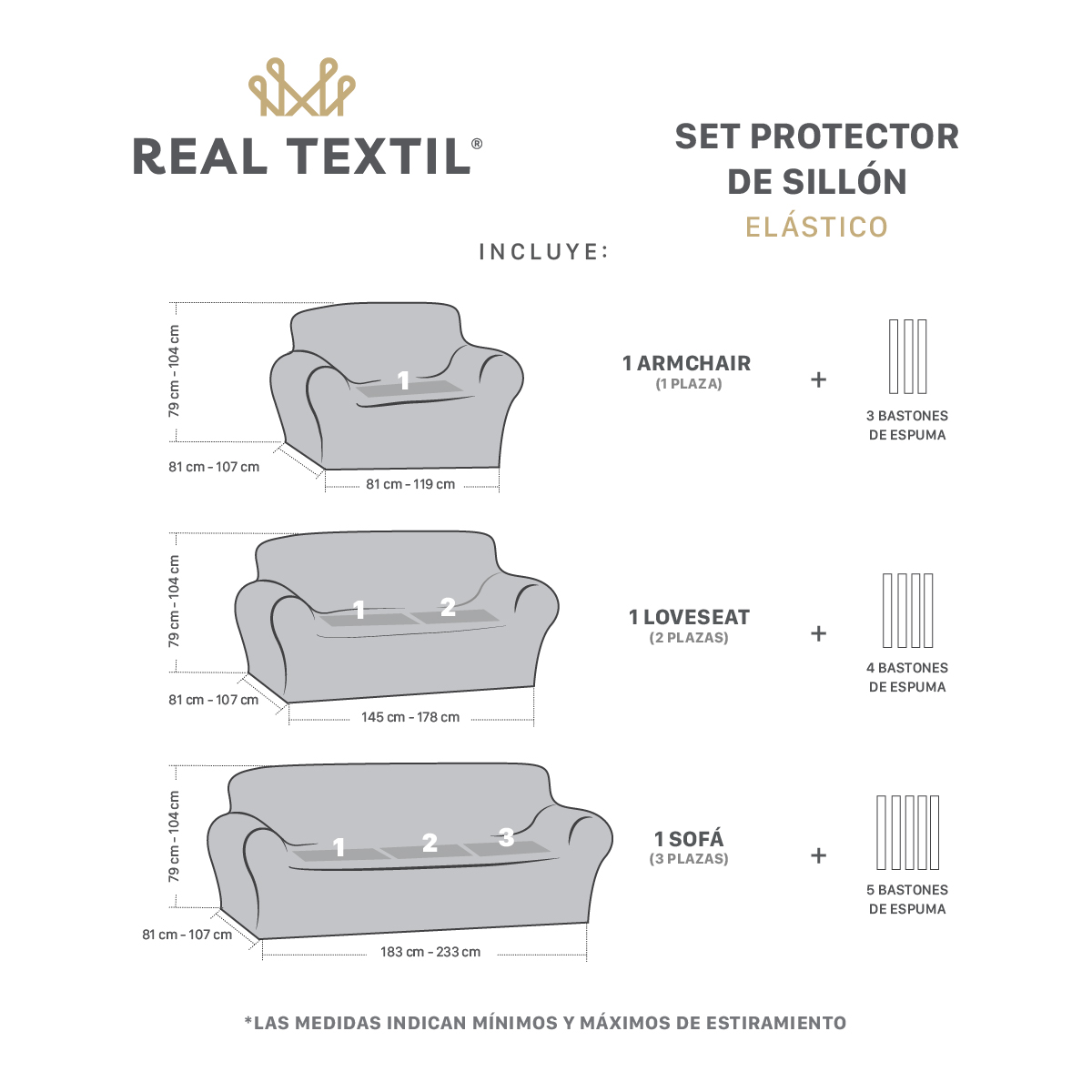 Protector De Sala Elástico 3 Piezas ( Ch- M- G) Gris Oxford Intenso REAL TEXTIL.