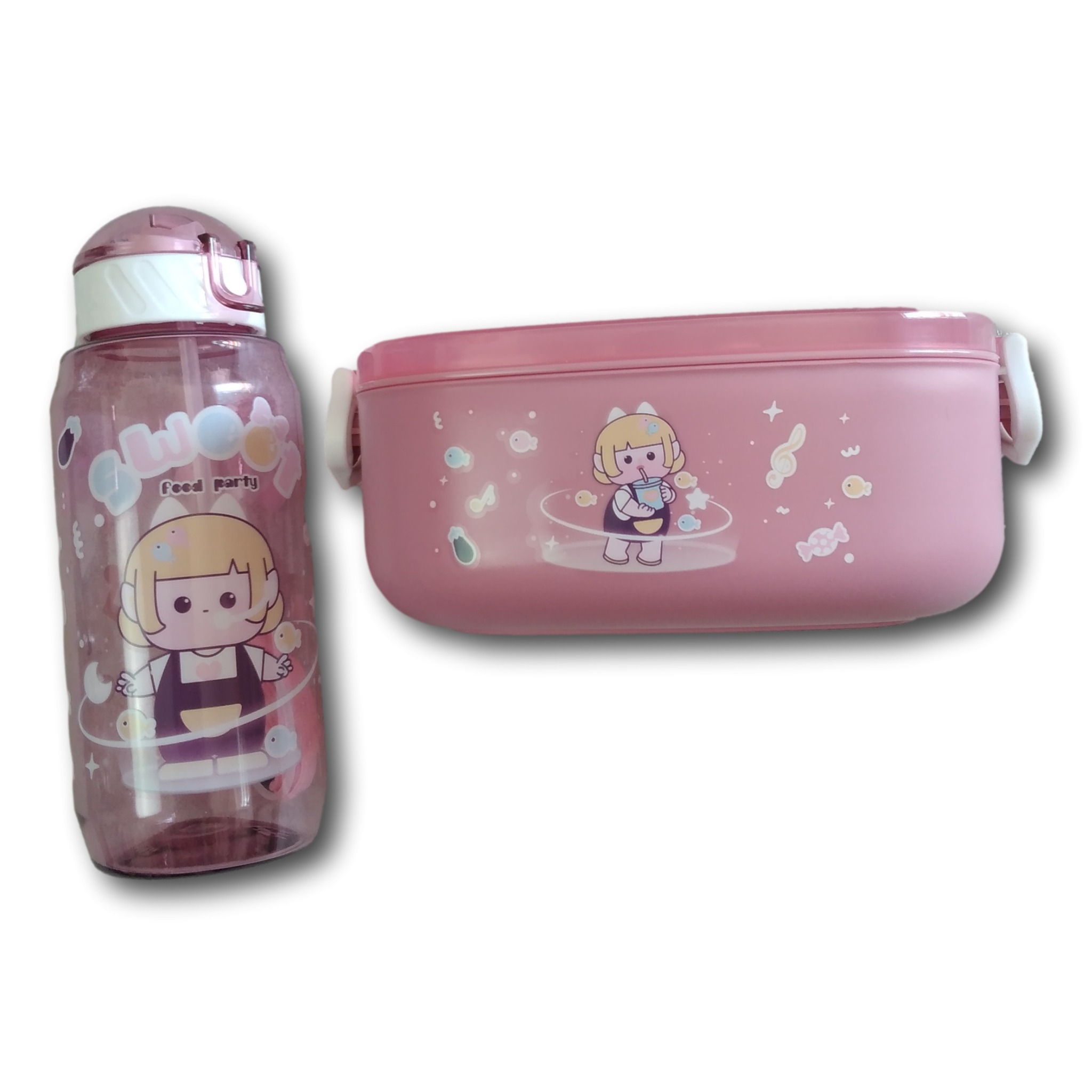 Topper Y Botella Color Rosa Lonche Escolar De Niñas Con Cubiertos