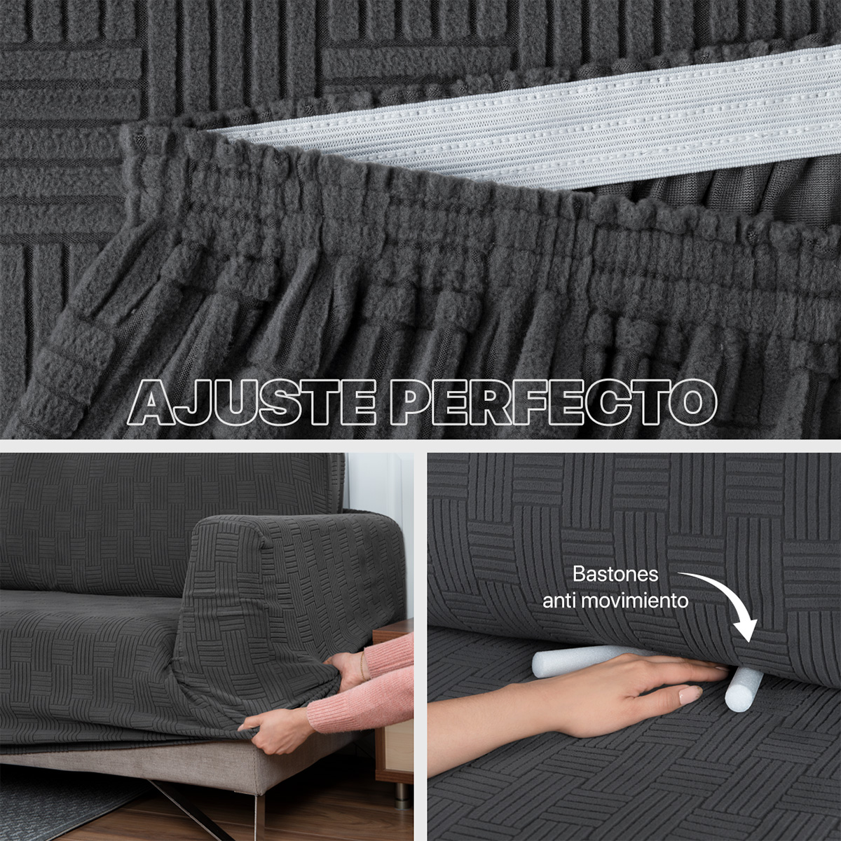 Protector De Sala Elástico 3 Piezas ( Ch- M- G) Gris Oxford Intenso REAL TEXTIL.