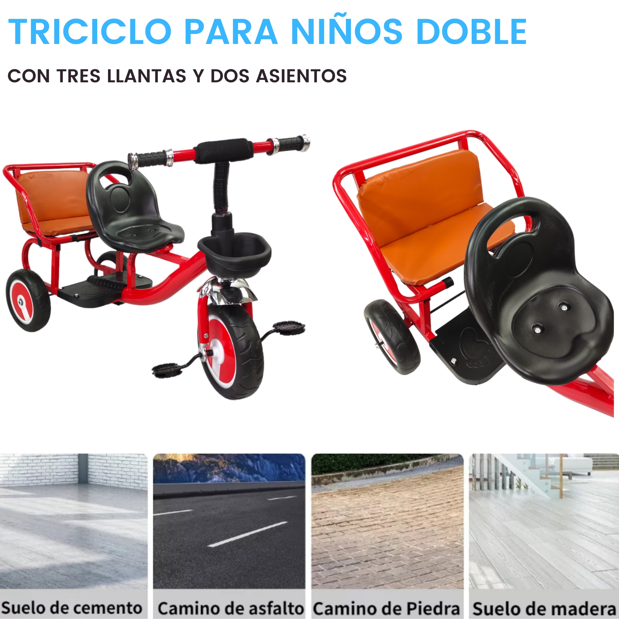 Triciclo para Niños Infantil Con Dos Asientos y Canasto  - Rojo.