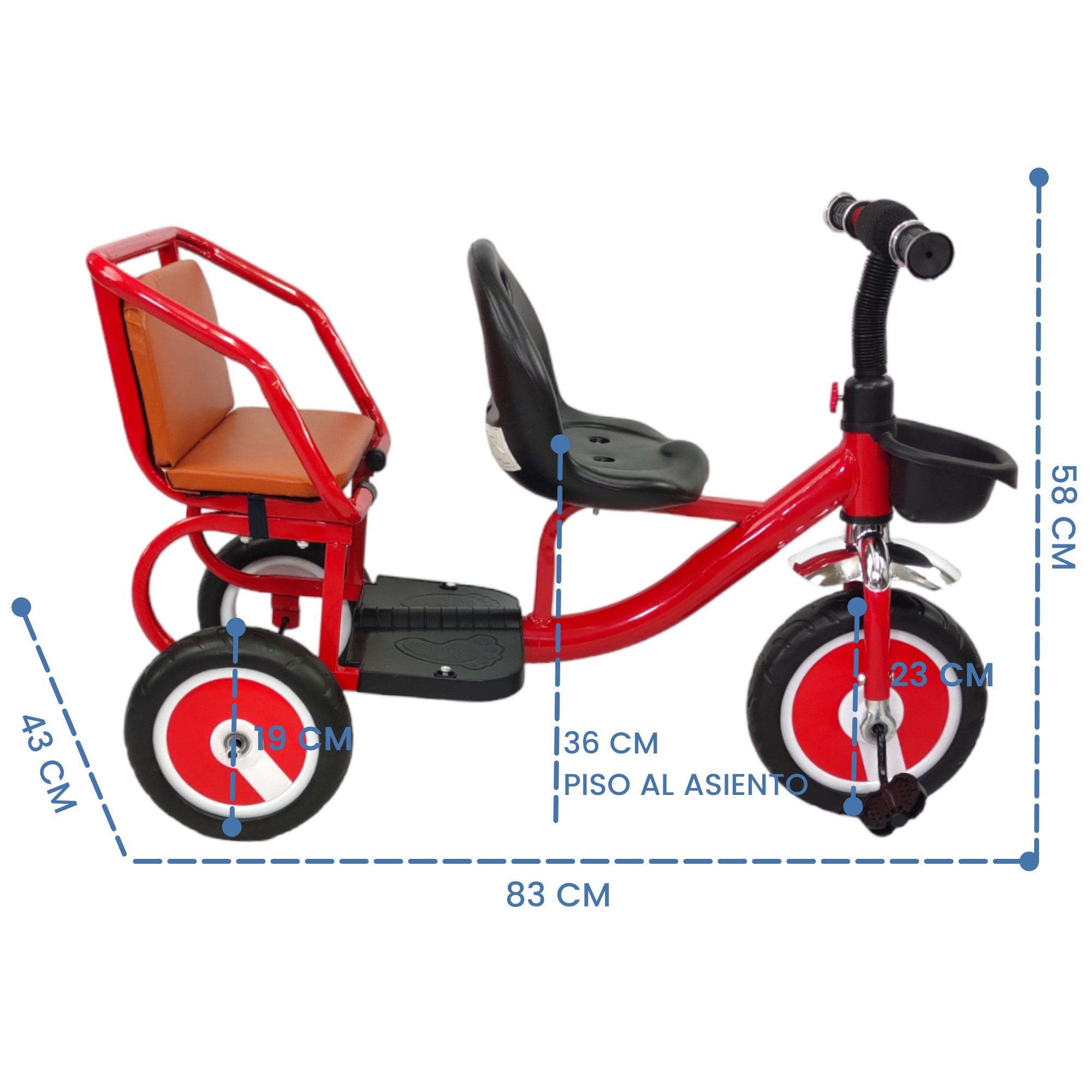 Triciclo para Niños Infantil Con Dos Asientos y Canasto  - Rojo.
