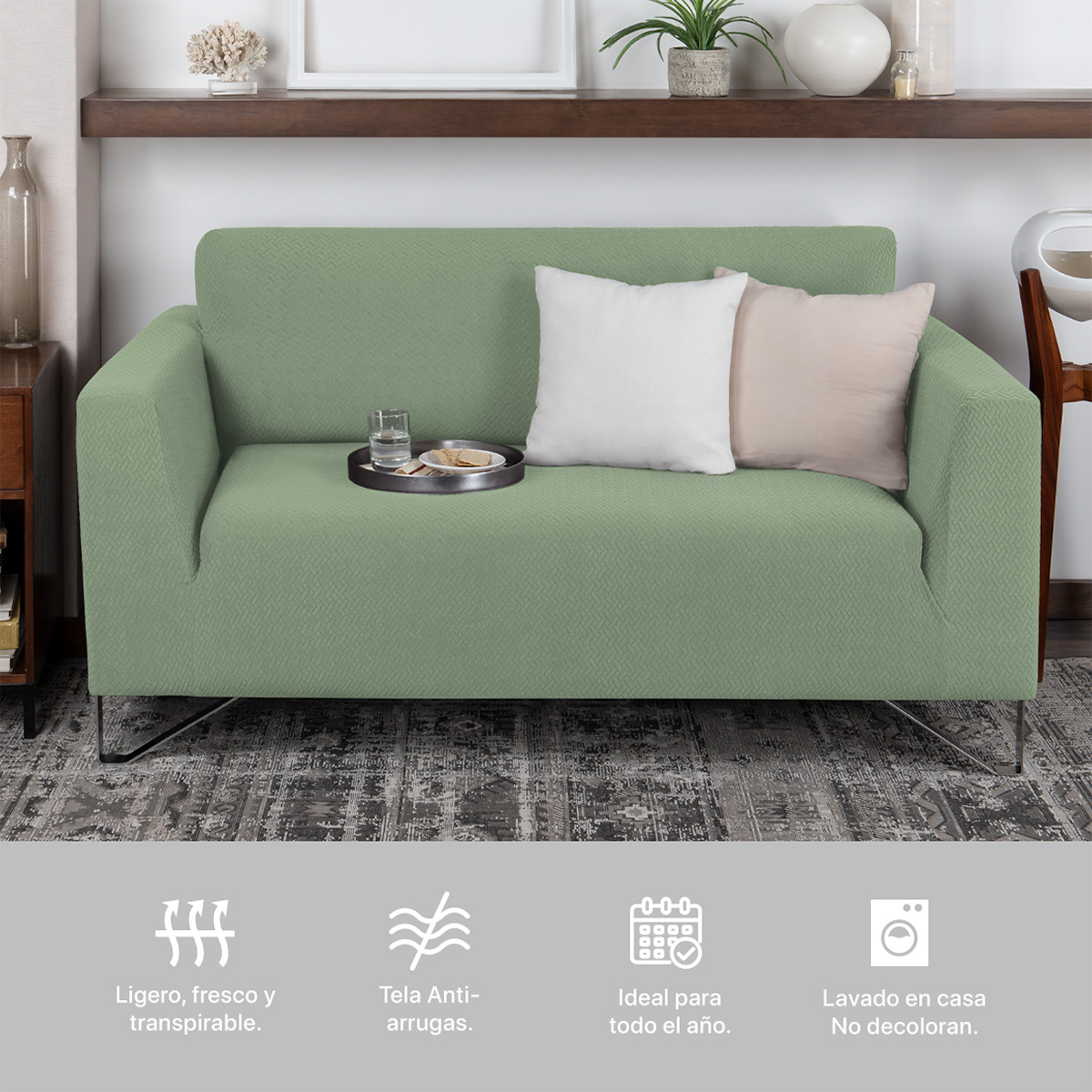 Protector De Sala Elástico 3 Piezas ( Ch- M- G) Verde Menta REAL TEXTIL.