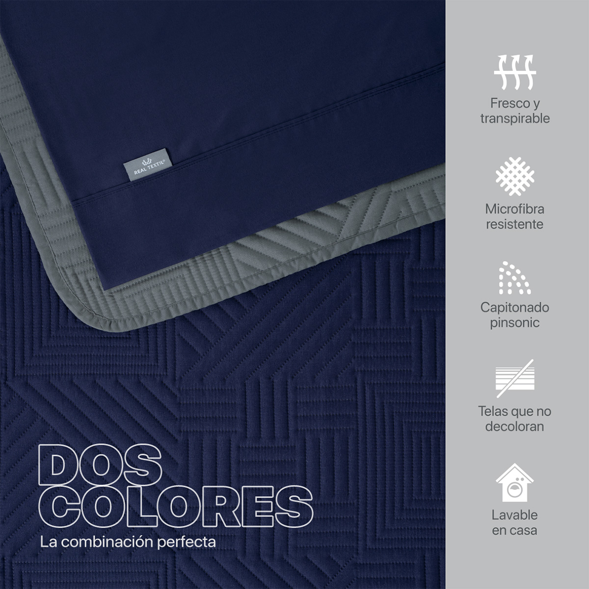 Set Edredón Ligero Queen Size con Fundas y Sabanas Azul Marino - Gris REAL TEXTIL.