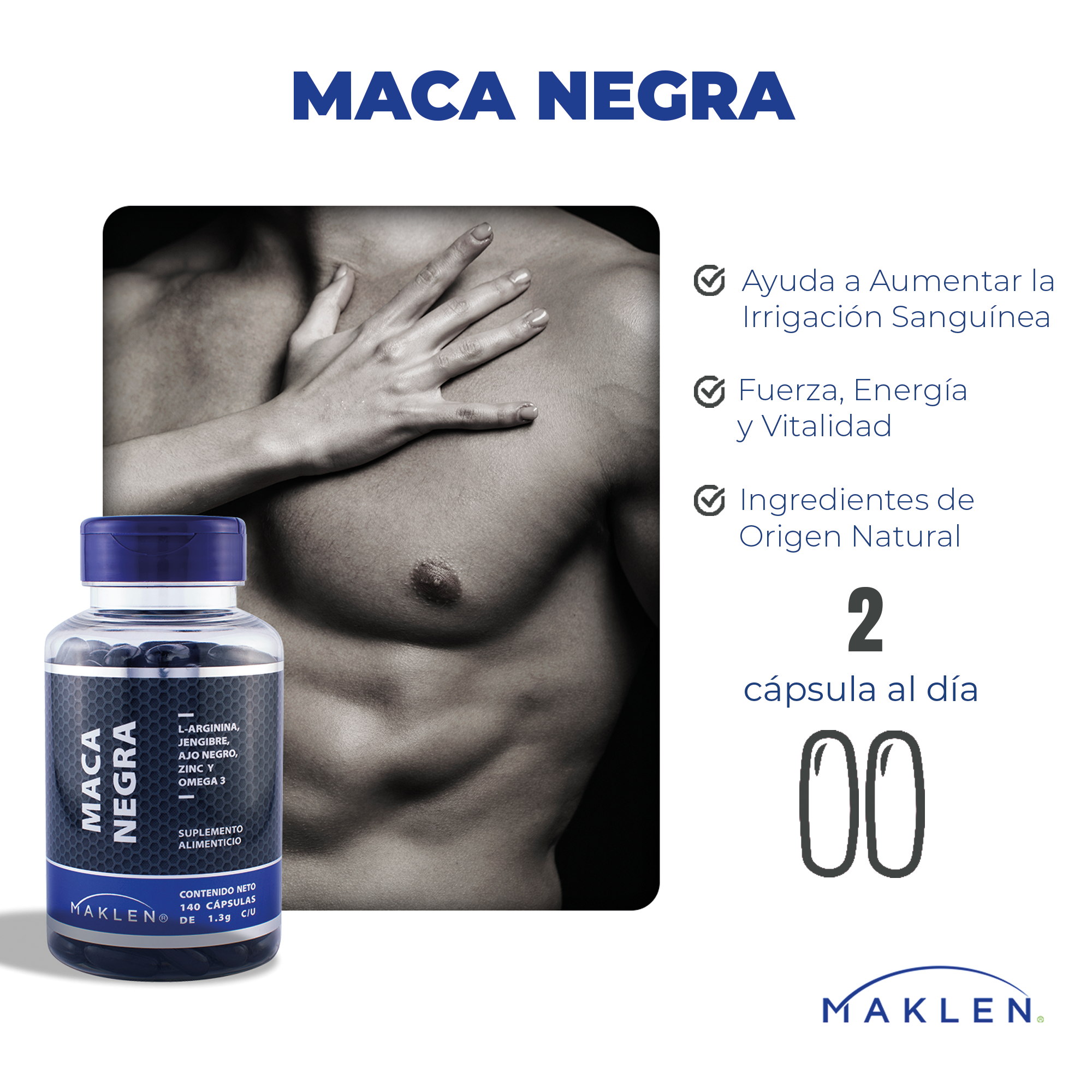 MAKLEN Maca Negra con L-Arginina, Jengibre, Ajo Negro y Omega 3 | 140 Cápsulas SoftGel de 1300mg