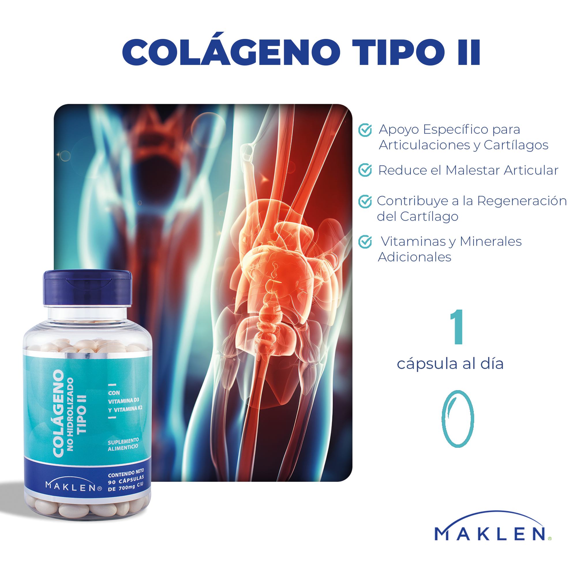 MAKLEN Colágeno sin Desnaturalizar Tipo II UC-II®️️️️️️️️️  con Vitamina D3 y Vitamina K2 | 90 Cápsulas Softgels de 700mg