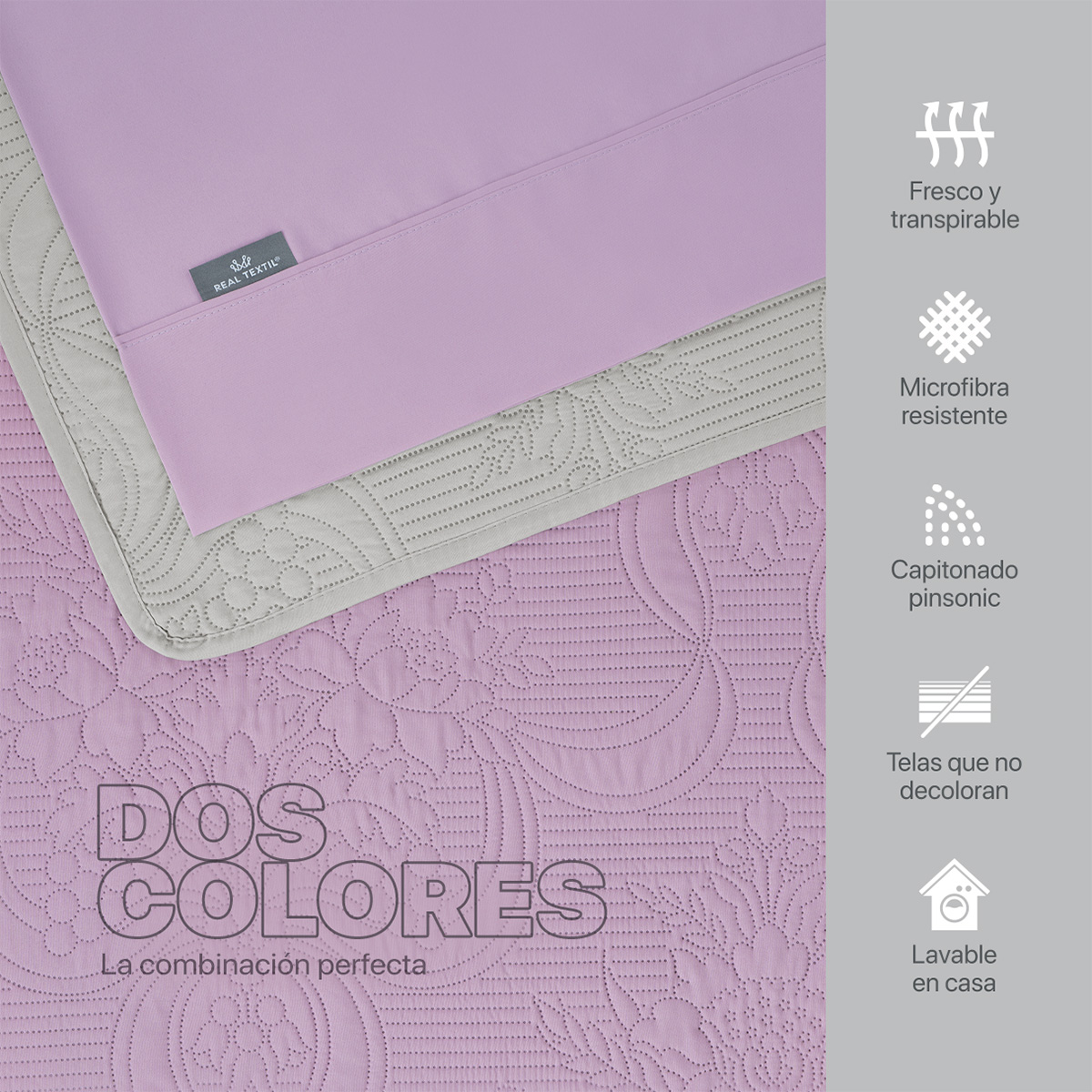 Set Edredón Ligero Queen Size con Fundas y Sabanas Violeta - Gris REAL TEXTIL.