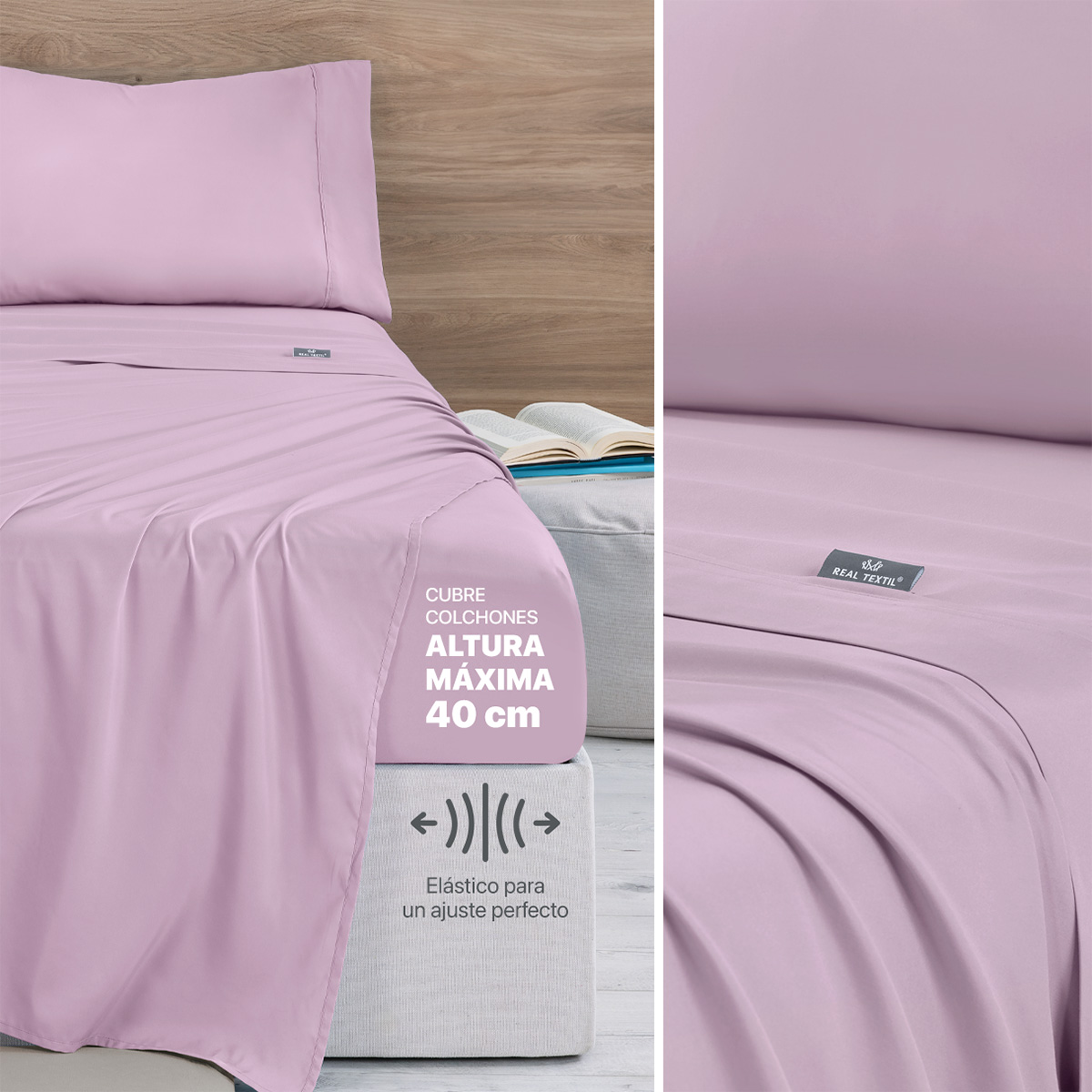 Set Edredón Ligero Queen Size con Fundas y Sabanas Violeta - Gris REAL TEXTIL.