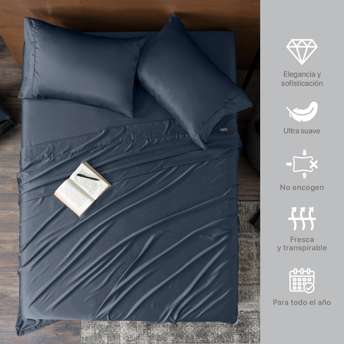 Sábanas de Satín Individual Tipo Seda Suave y Lujosa Con Fundas Azul Naval Real Textil.