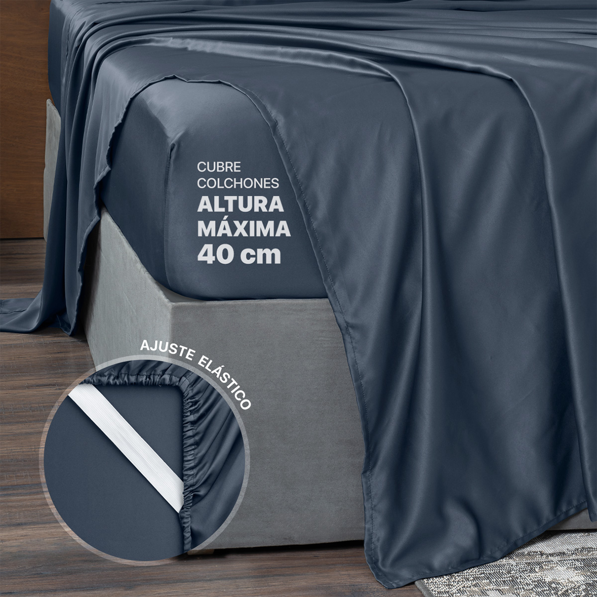 Sábanas de Satín Individual Tipo Seda Suave y Lujosa Con Fundas Azul Naval Real Textil.