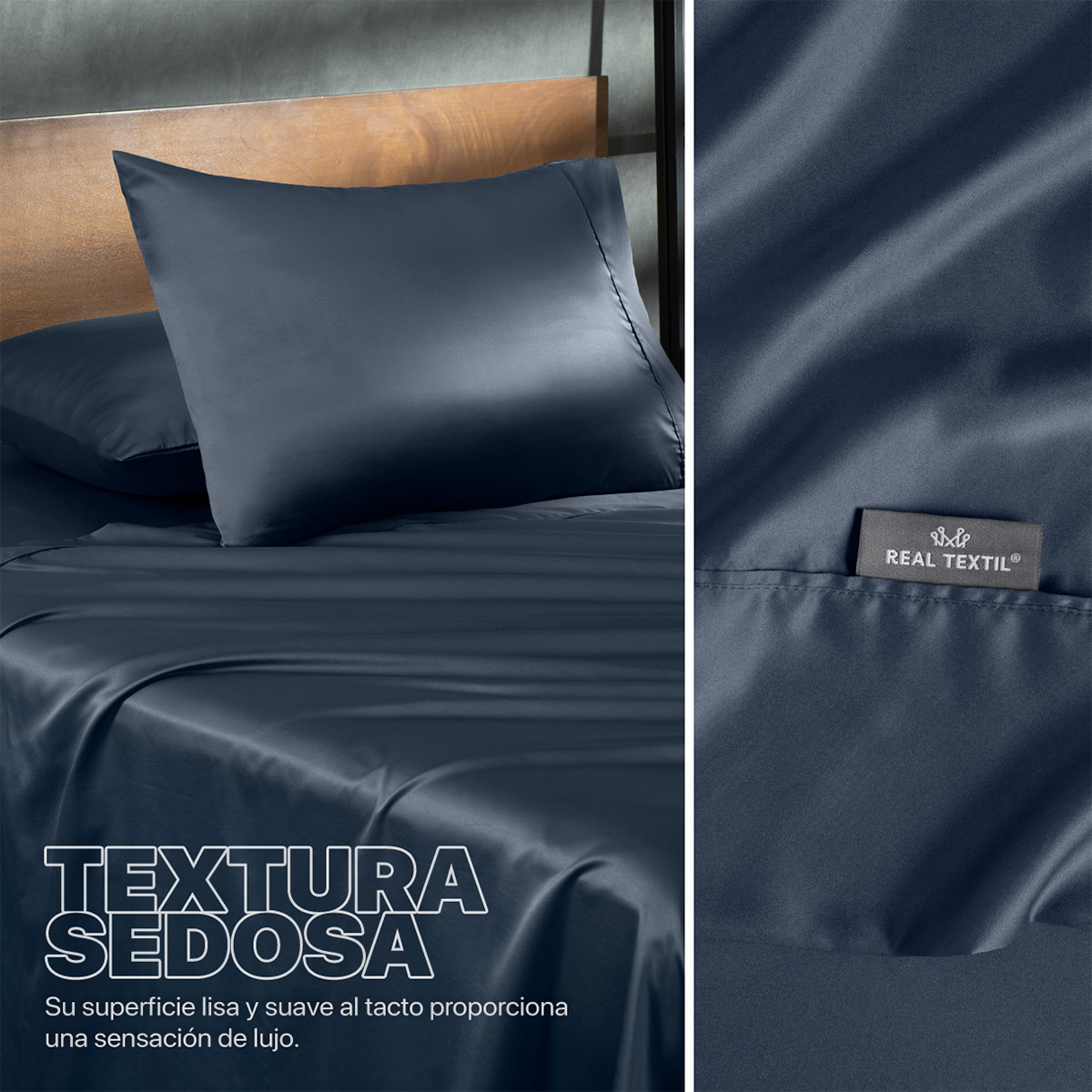 Sábanas de Satín Individual Tipo Seda Suave y Lujosa Con Fundas Azul Naval Real Textil.