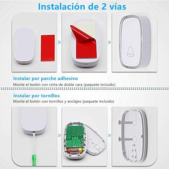 Timbre Inalámbrico, Timbre Impermeable con 1 Transmisor y 1 Receptor, Timbres para Puertas Volumen Ajustable Alcance a 280m, 4 Niveles de Volumen y LED Indicador para Oficina, Hotel, Casa y Más Blanco