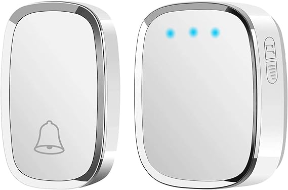 Timbre Inalámbrico, Timbre Impermeable con 1 Transmisor y 1 Receptor, Timbres para Puertas Volumen Ajustable Alcance a 280m, 4 Niveles de Volumen y LED Indicador para Oficina, Hotel, Casa y Más Blanco
