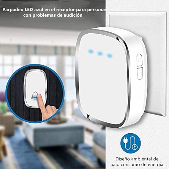 Timbre Inalámbrico, Timbre Impermeable con 1 Transmisor y 1 Receptor, Timbres para Puertas Volumen Ajustable Alcance a 280m, 4 Niveles de Volumen y LED Indicador para Oficina, Hotel, Casa y Más Blanco