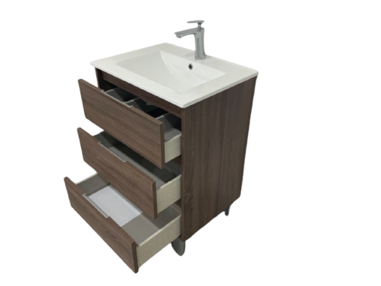 Set Mueble para baño a piso (Gabinete) SI60BR, con tres cajones. El set incluye: lavabo de cerámica, espejo y monomando. Color Brittania.